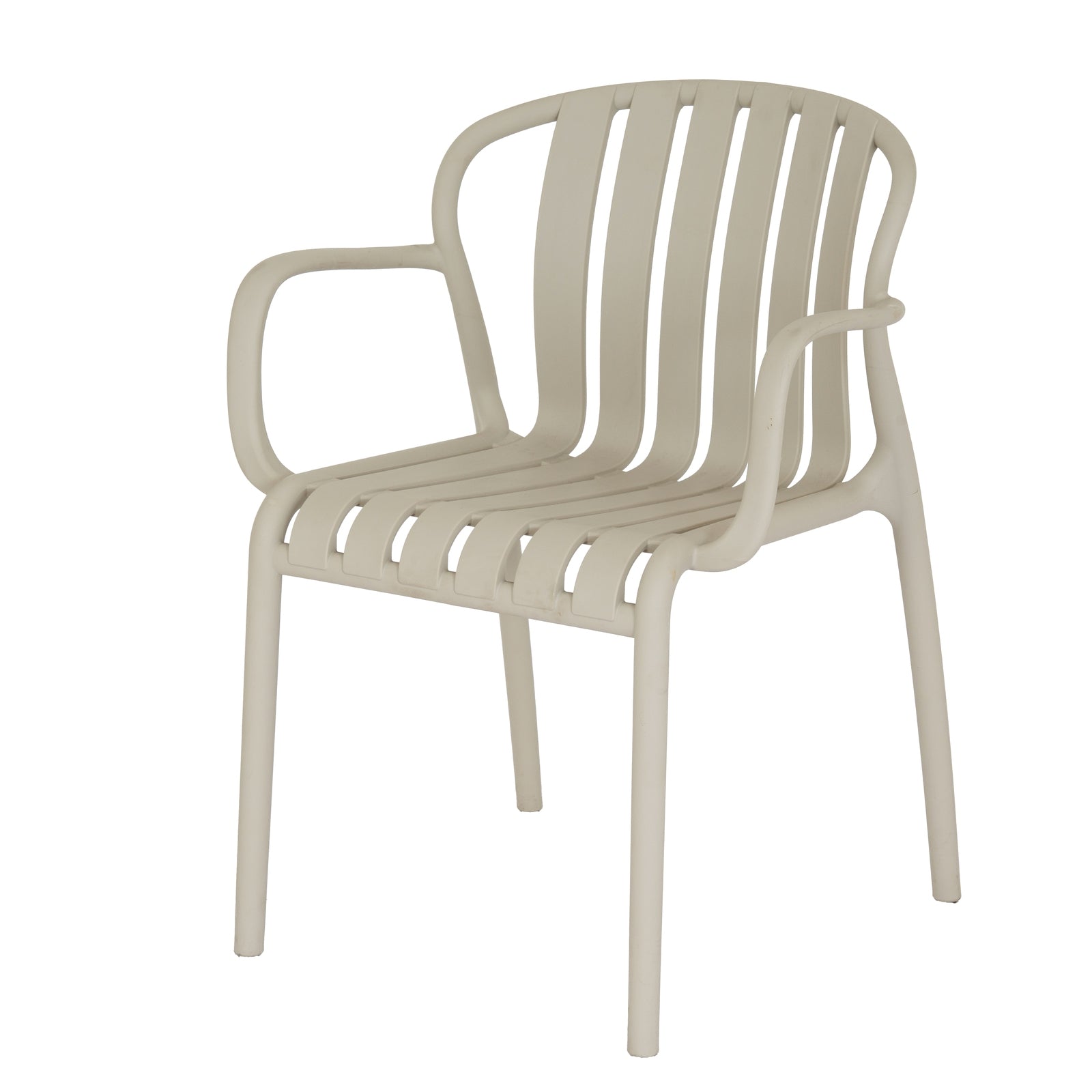 Hill Interiors Axis putty grey plastic carver chair with armrests, placed in a modern dining setting