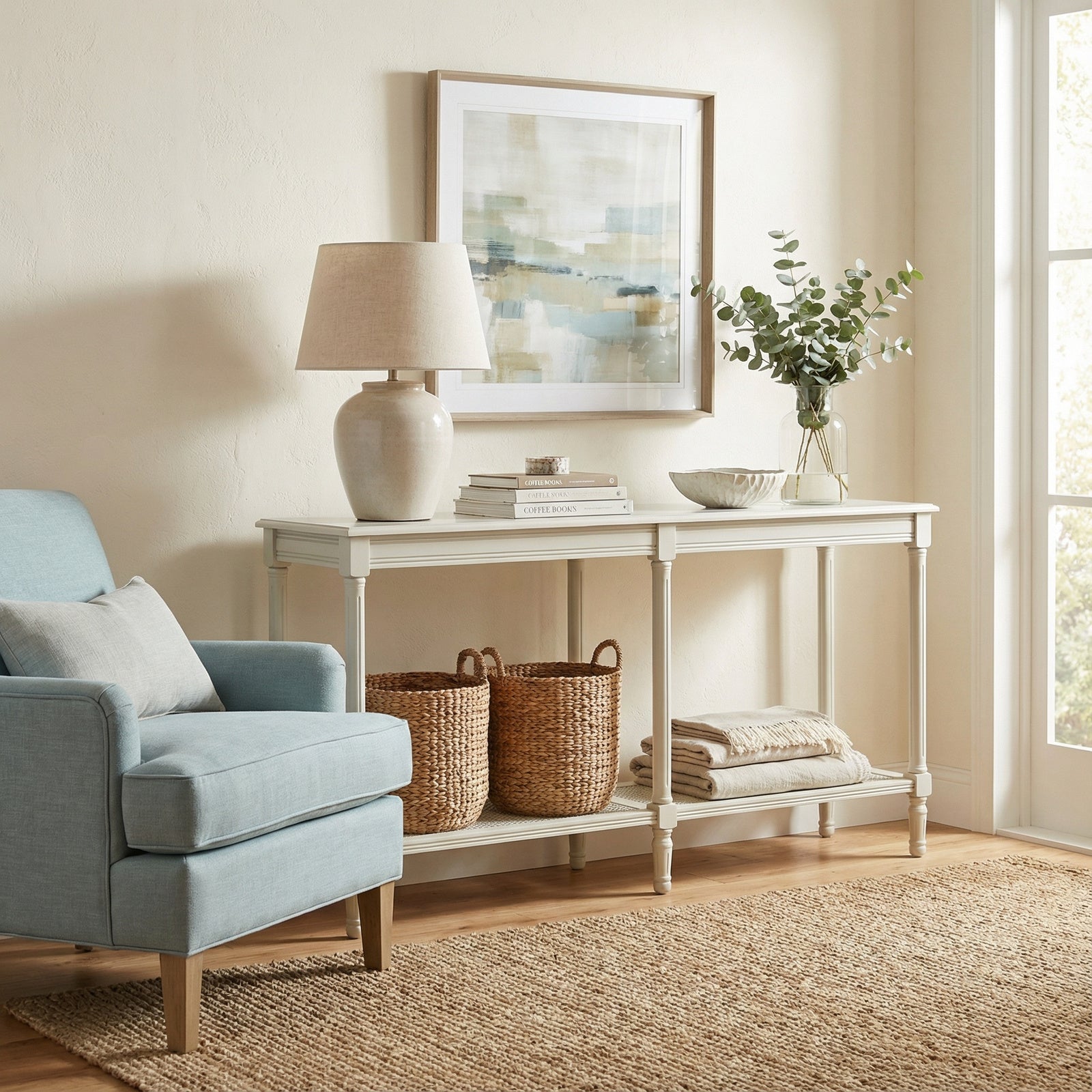 Hill Interiors Belmont Rattan Collection large white wooden console table