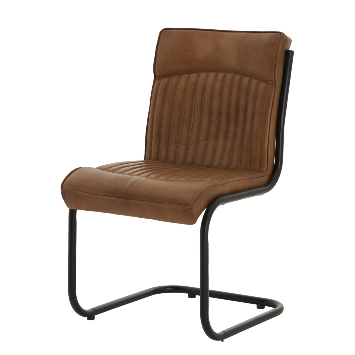 	Hill Interiors Billy caramel leather dining chair with black metal frame and vertical channeling, placed in a modern dining setting