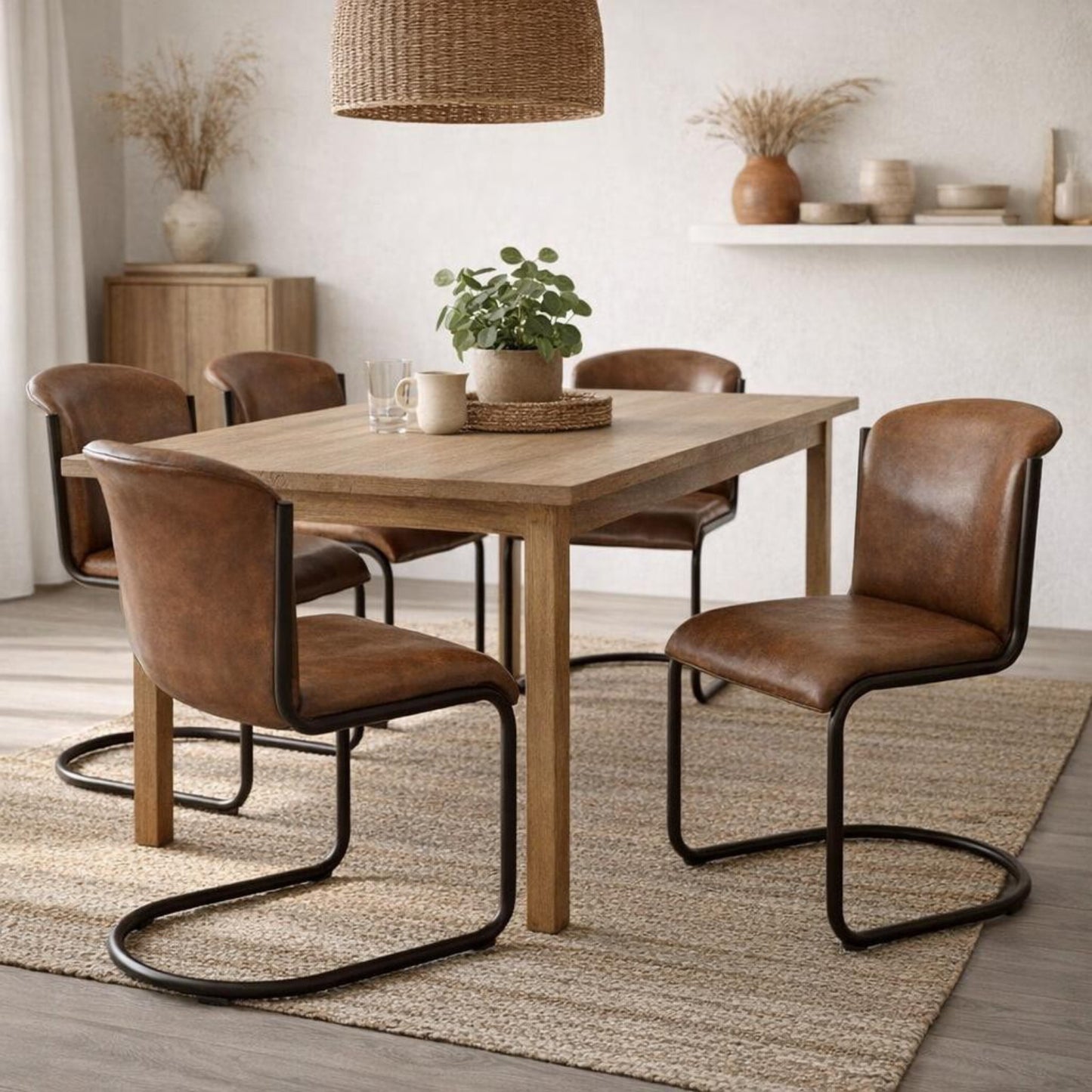 Hill Interiors Billy curved caramel leather dining chair with black metal frame and elegant curved silhouette, placed in a modern dining setting