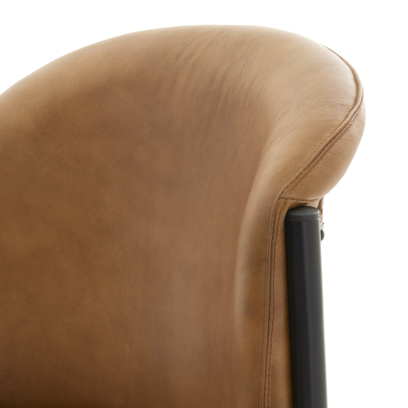 	Hill Interiors Billy curved leather dining chair from behind showing the curved backrest and black metal frame