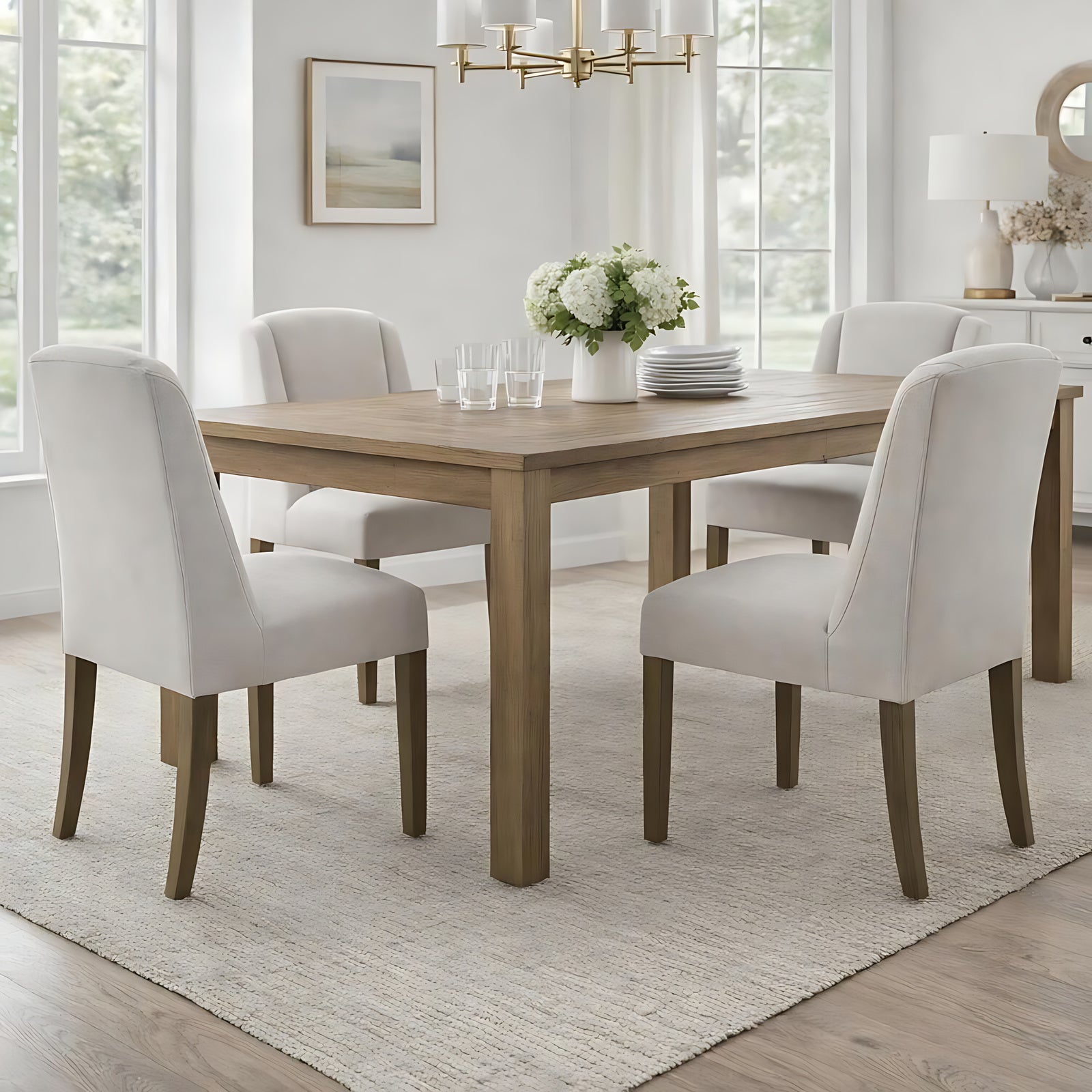 Hill Interiors Compton Aspen neutral twill dining chair with wooden frame and curved backrest, placed in an elegant dining setting