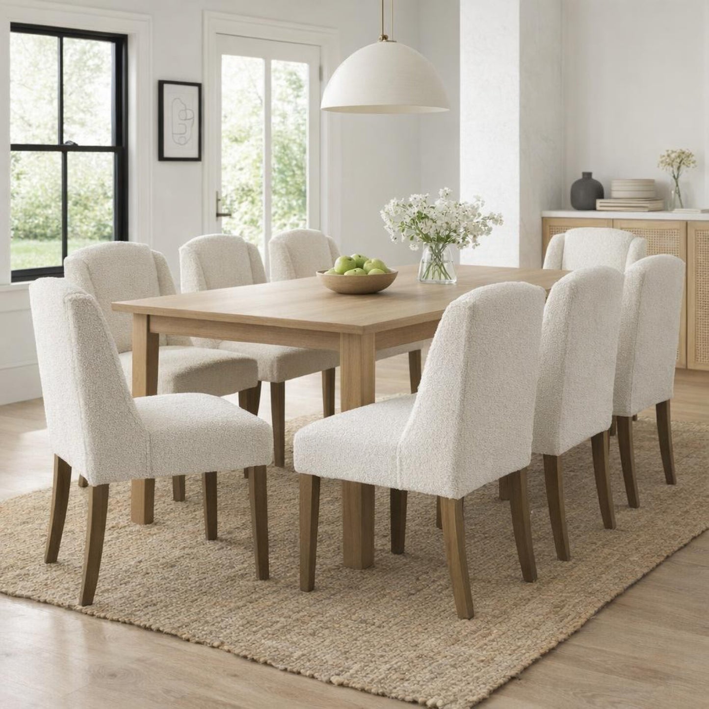 	Hill Interiors Compton cream boucle dining chair with sleek contemporary silhouette, placed in a modern dining setting