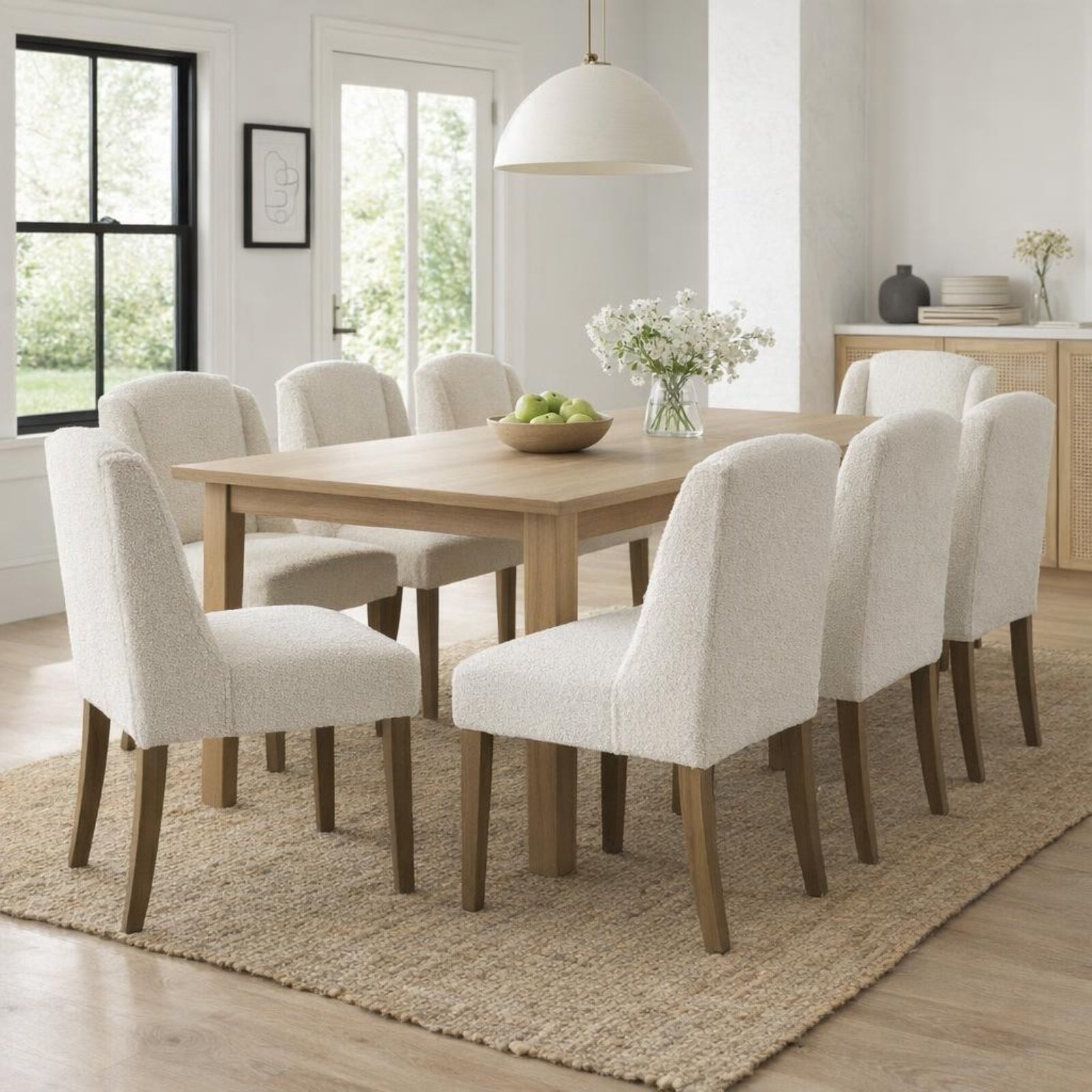 	Hill Interiors Compton cream boucle dining chair with sleek contemporary silhouette, placed in a modern dining setting