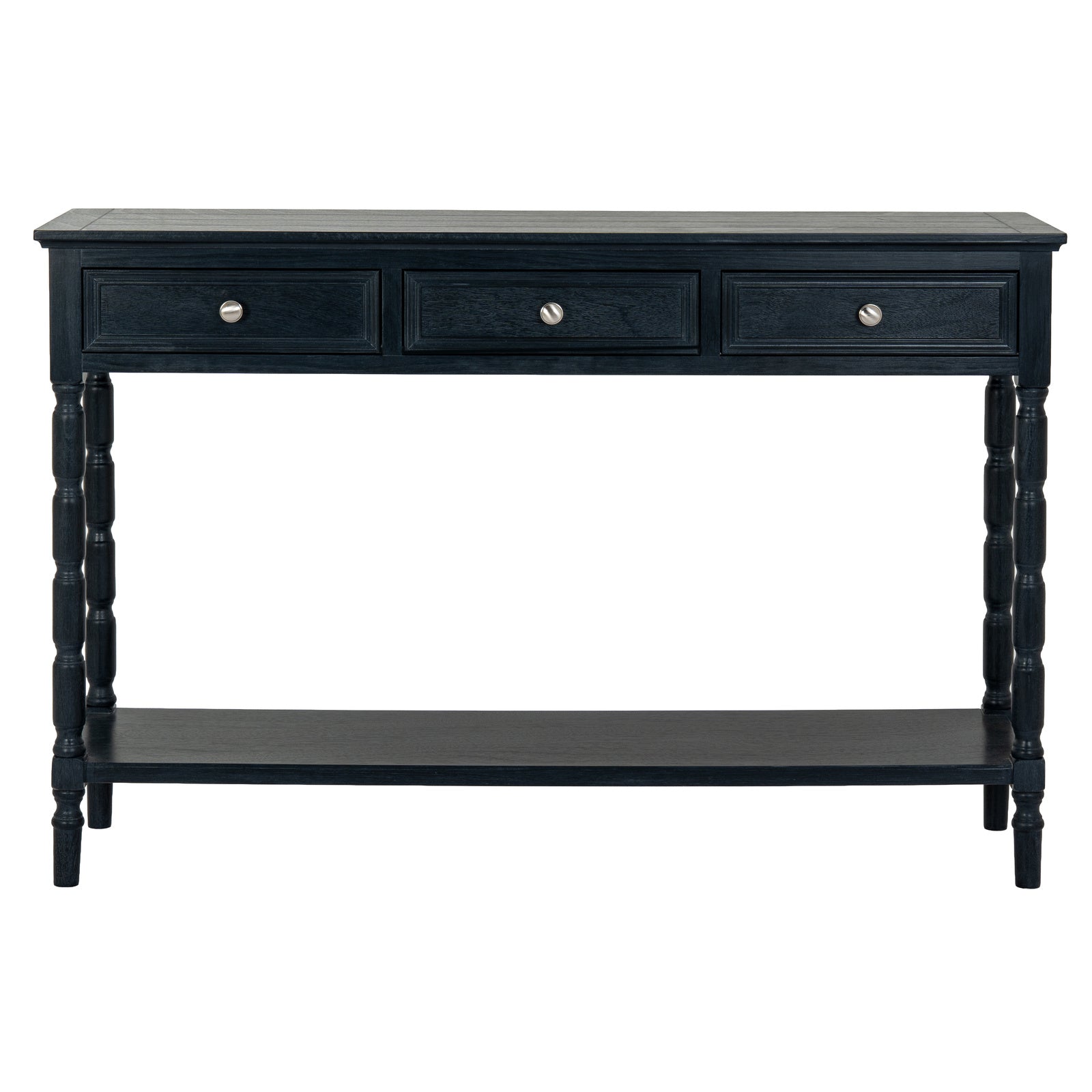 Hill Interiors Contour Collection console table with three drawers open showing storage space