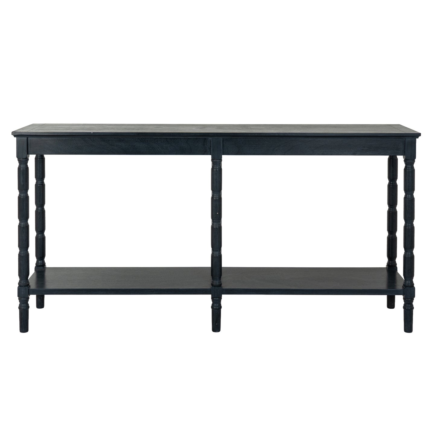 Hill Interiors Contour Collection large console table styled with lamps, frames, and accessories