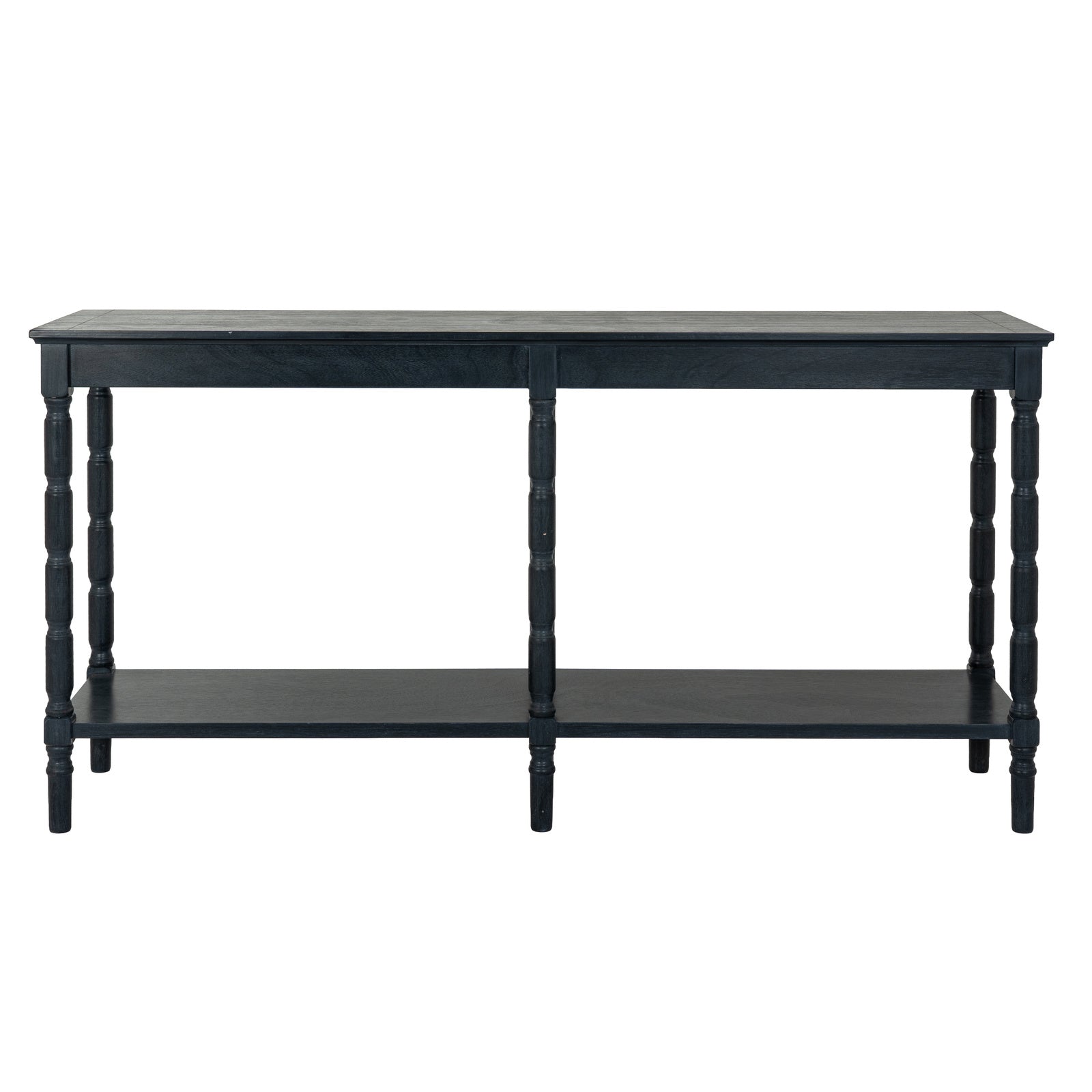 Hill Interiors Contour Collection large console table styled with lamps, frames, and accessories