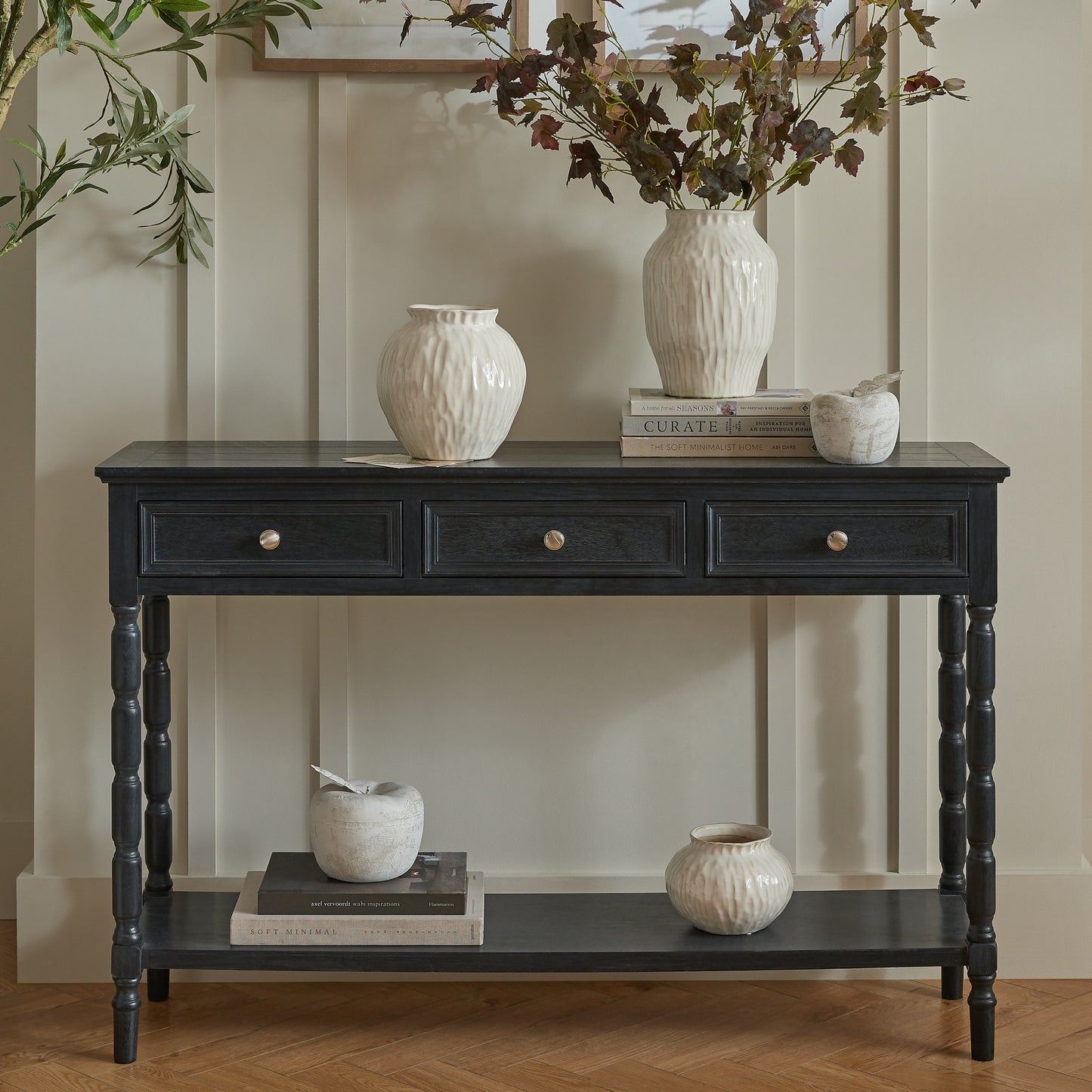 Hill Interiors Contour Collection three drawer black wooden console table