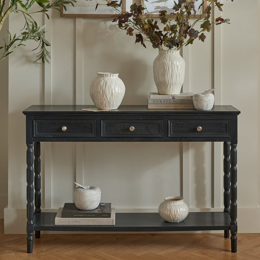 Hill Interiors Contour Collection three drawer black wooden console table
