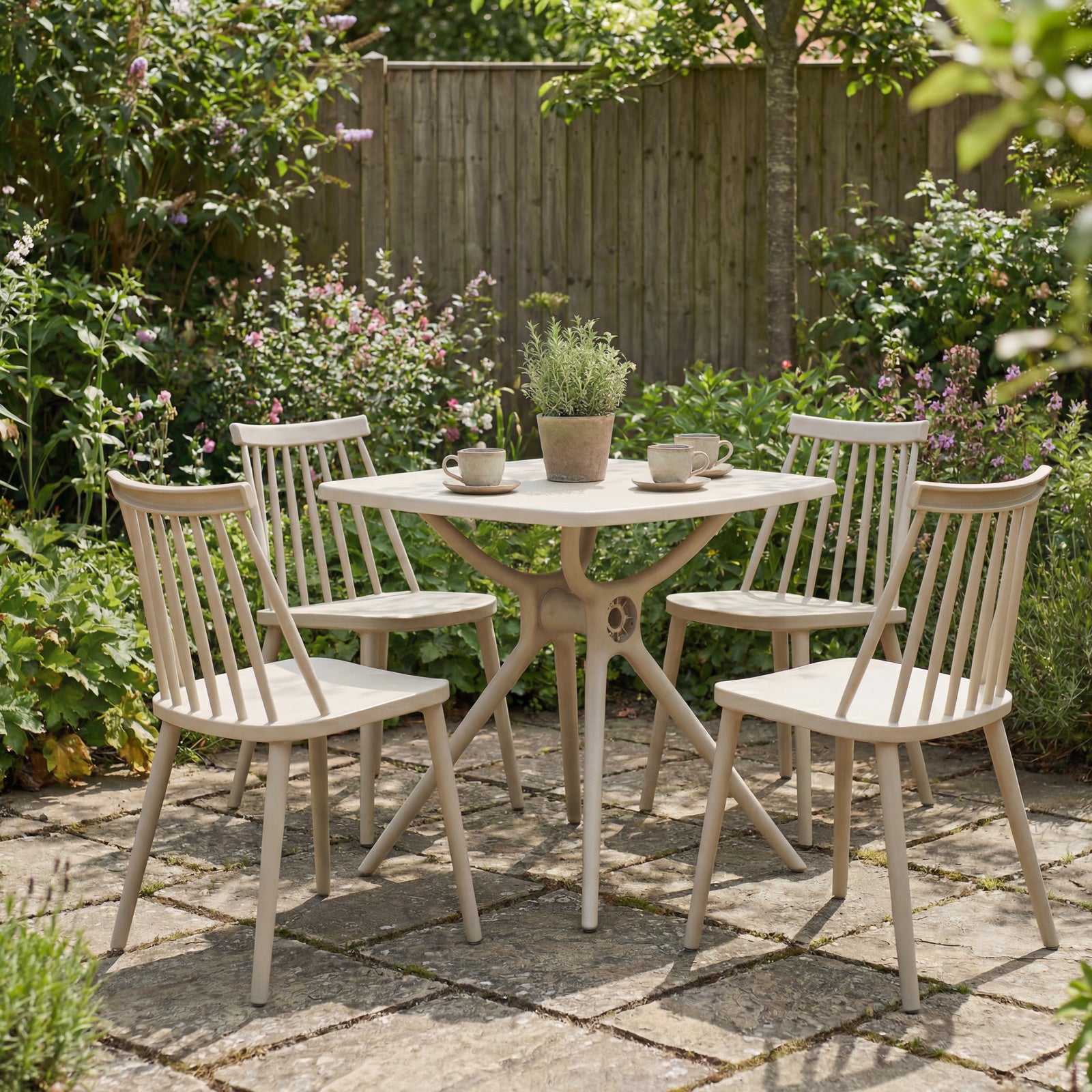 Hill Interiors Kyra putty grey plastic dining chair, placed in a modern dining setting