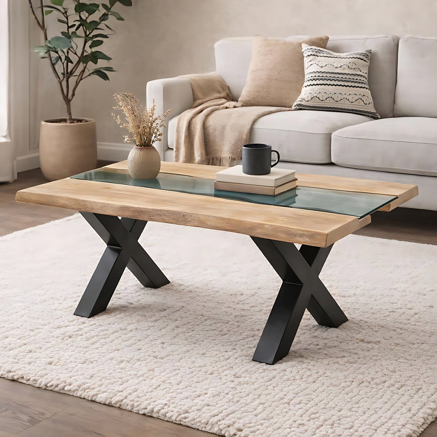 Hill Interiors Live Edge light acacia river coffee table with live edge and black metal base, placed in a contemporary living room setting