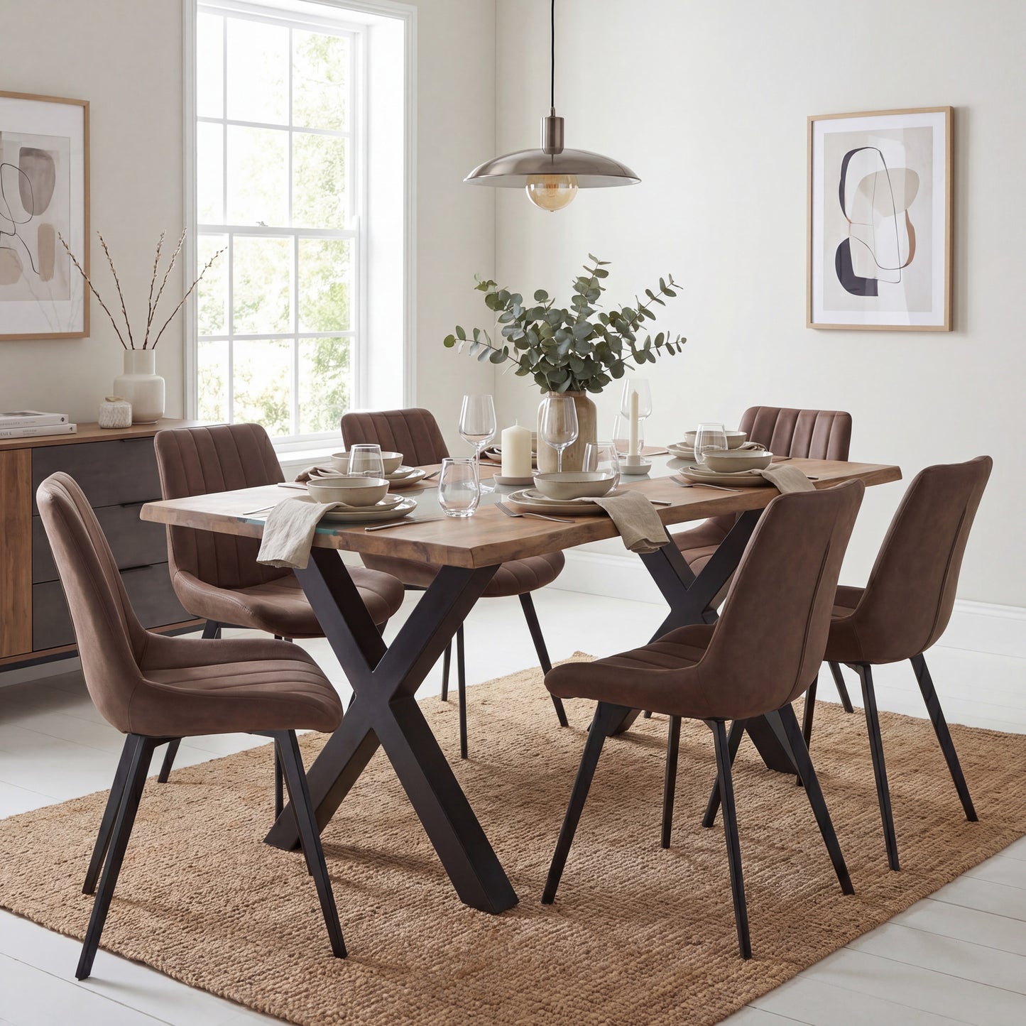 Hill Interiors Live Edge light acacia river dining table with clear resin inlay and black metal base, placed in a contemporary dining setting