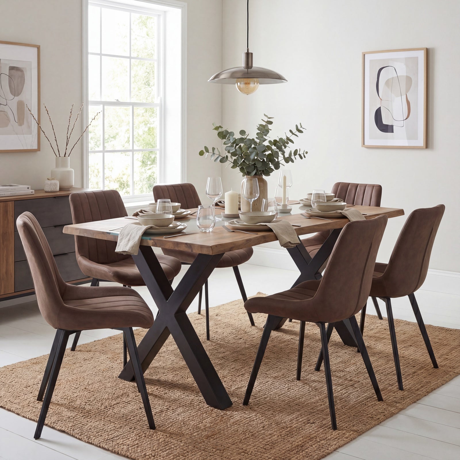 Hill Interiors Live Edge light acacia river dining table with clear resin inlay and black metal base, placed in a contemporary dining setting