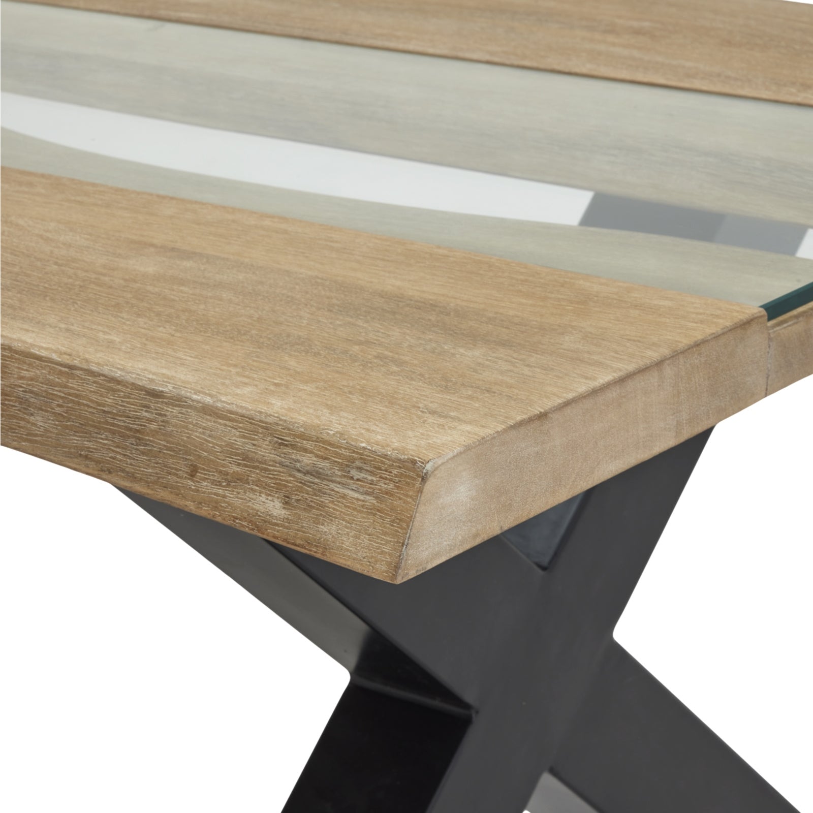 Side view of Hill Interiors Live Edge river coffee table showing the natural live edge and metal frame