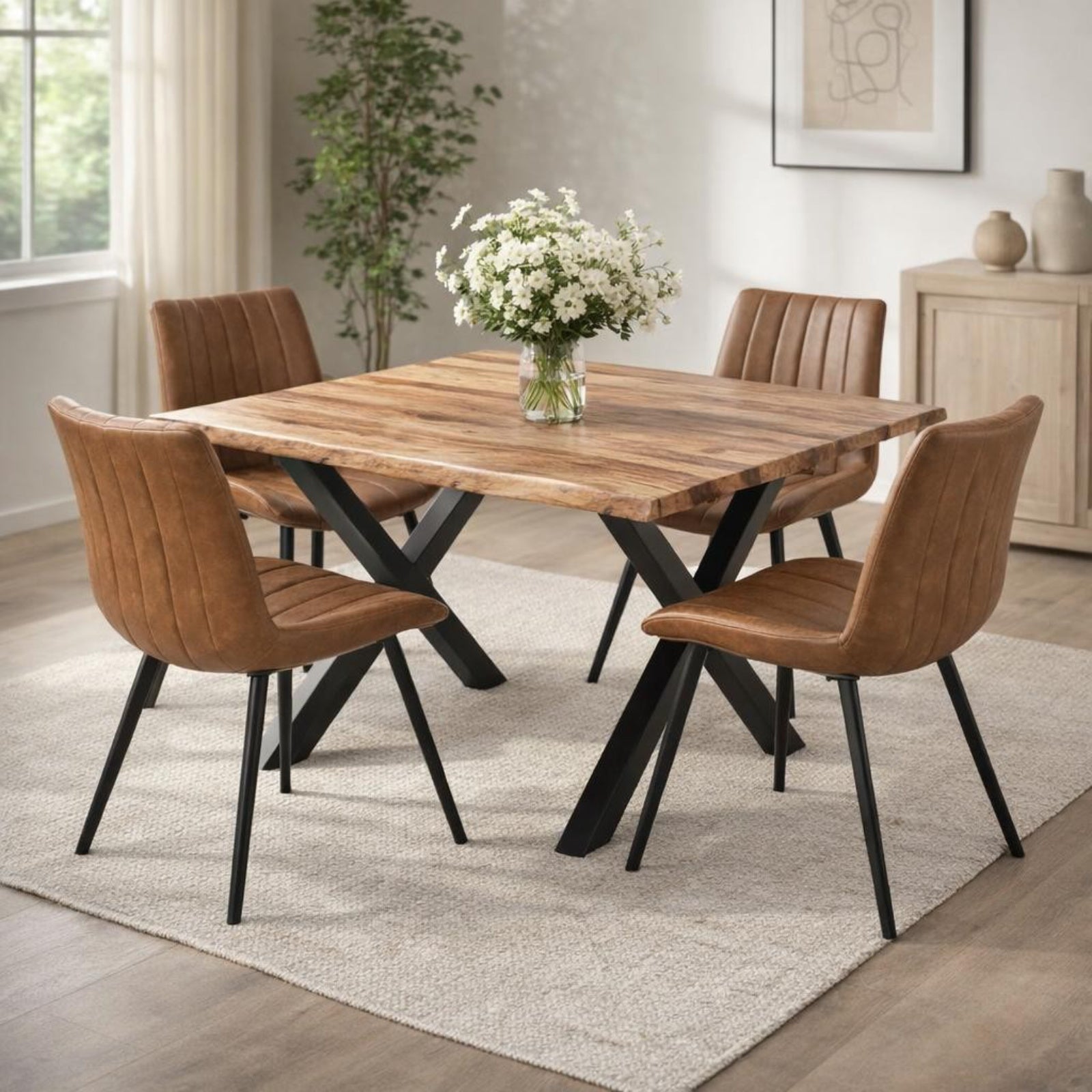 Hill Interiors Malmo tan swivel dining chair with channel-stitched backrest and black metal legs, placed in a modern dining setting