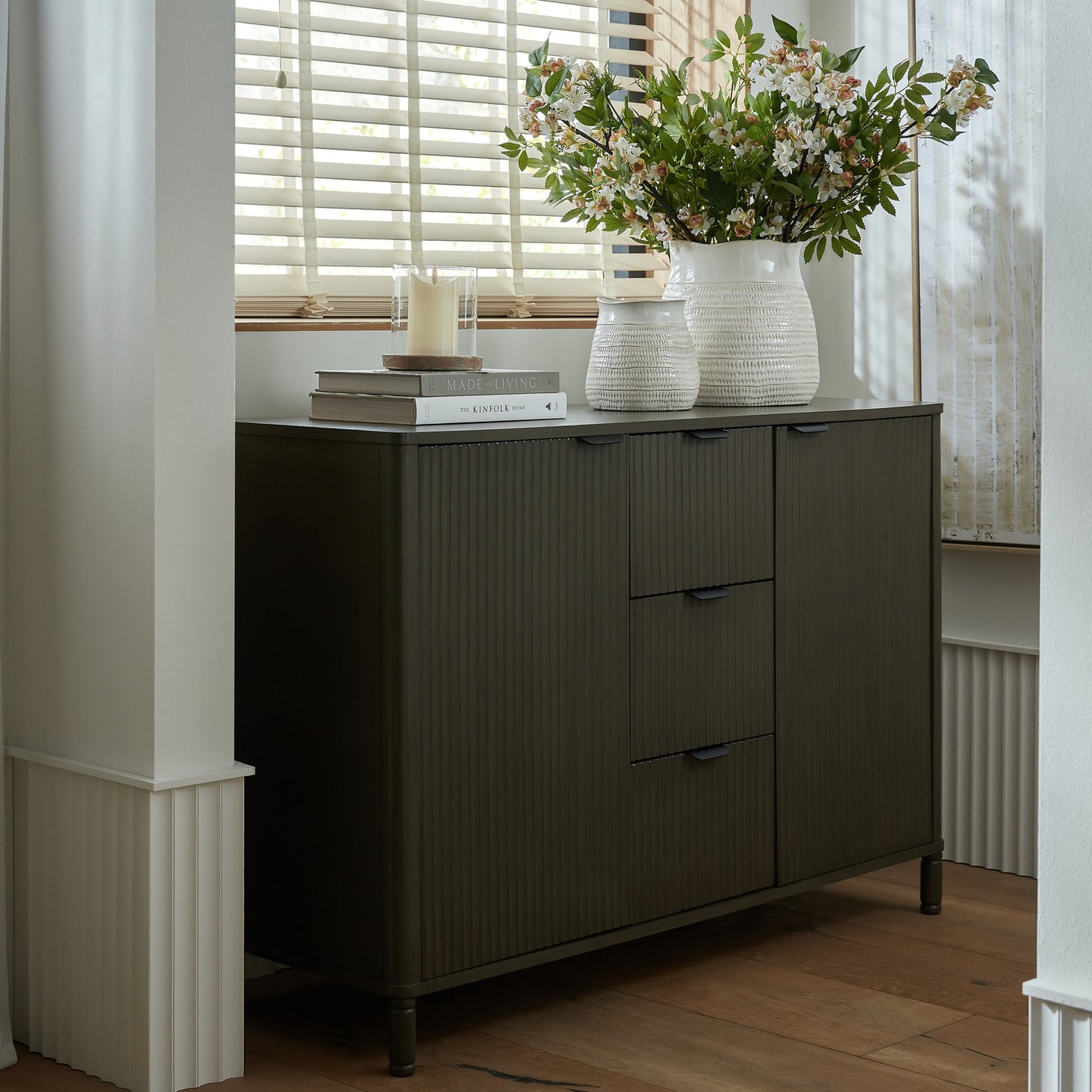 Hill Interiors Reed Collection cabinet showing the wooden top and sturdy construction