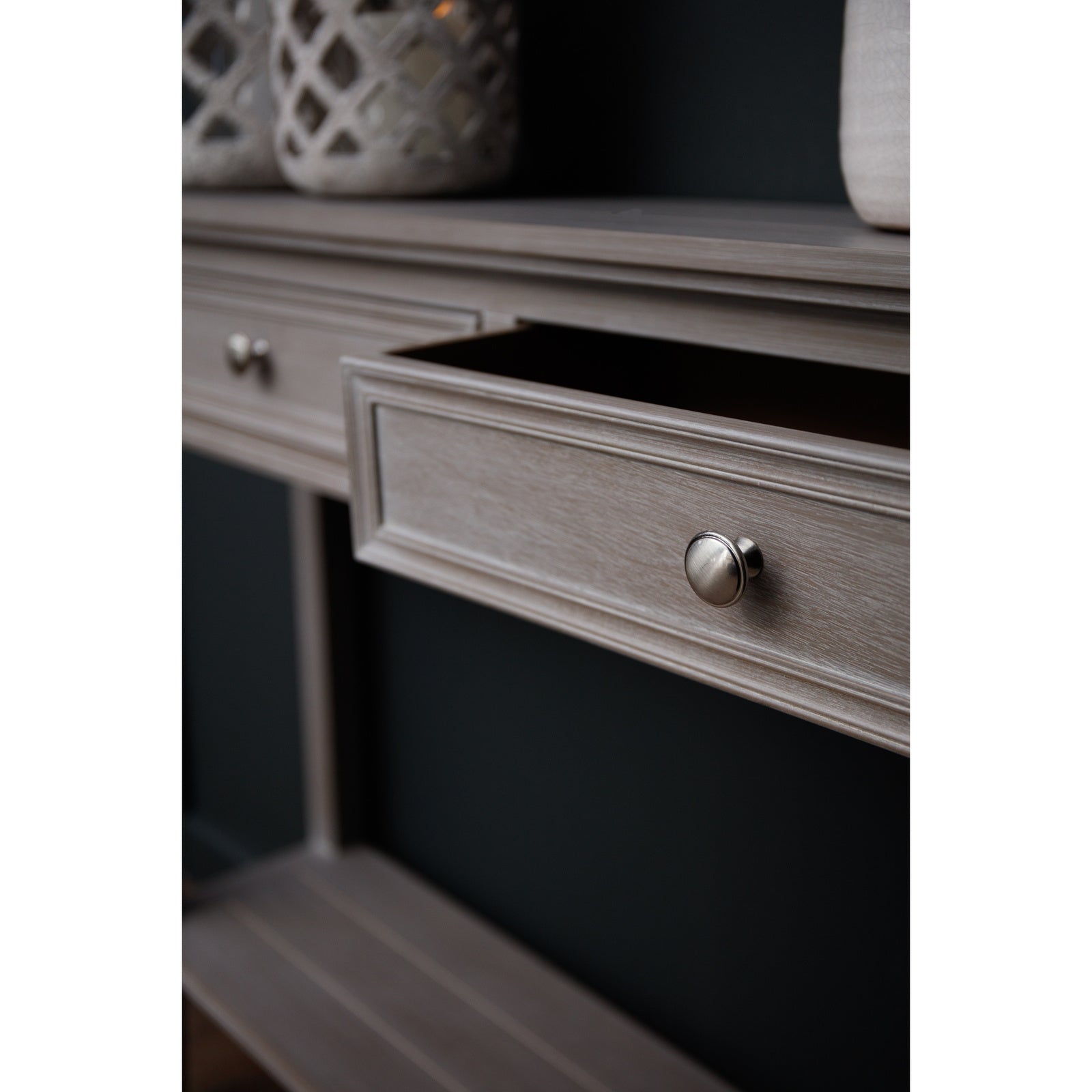 Hill Interiors Serene Collection console table showing the wooden top and sturdy construction