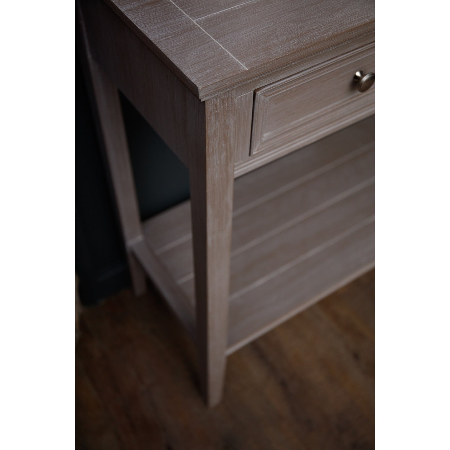 Hill Interiors Serene Collection four drawer console table styled with lamps and accessories