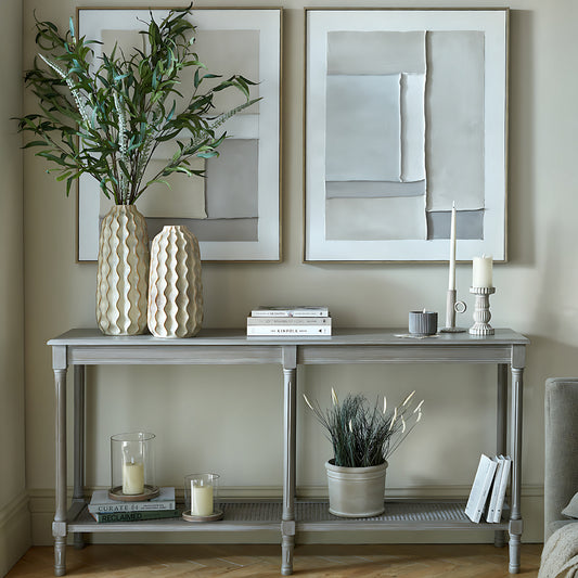 Hill Interiors Serene Rattan Collection large grey console table with rattan and wood design