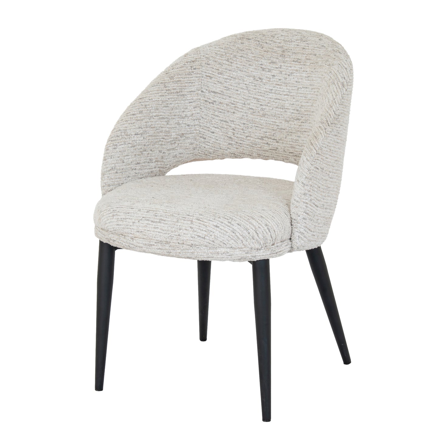 Hill Interiors Sorelle curved white fabric dining chair with metal frame, placed in a contemporary dining setting