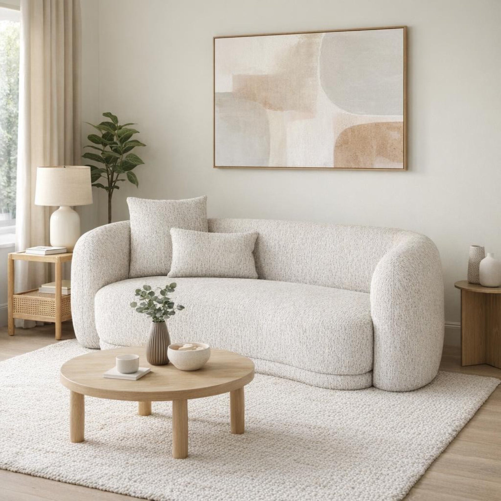 	Hill Interiors Sorelle white two seater sofa with matching cushions in a modern living room setting