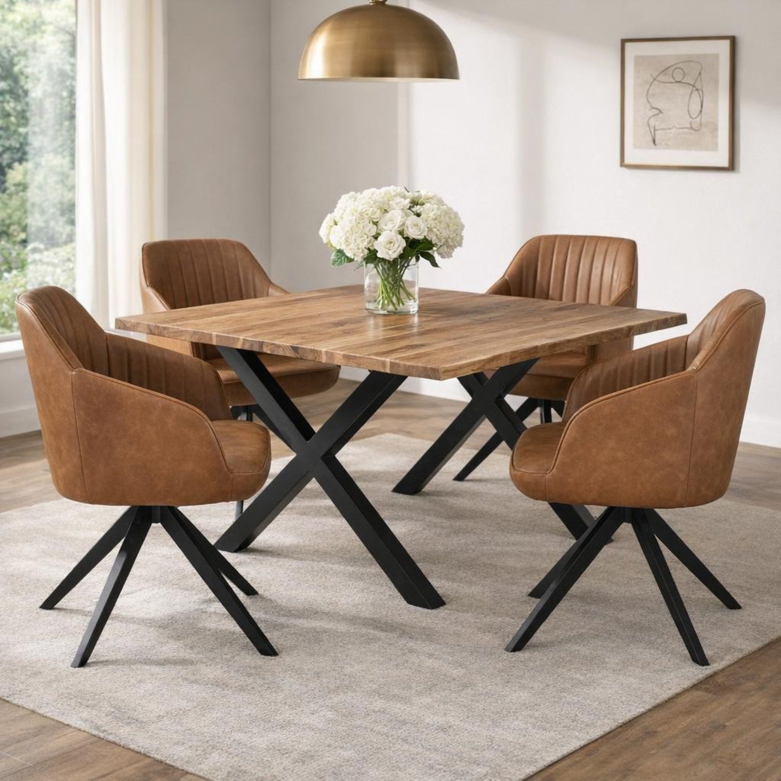 	Hill Interiors Uppsala tan fabric dining chair with metal frame, placed in a contemporary dining setting