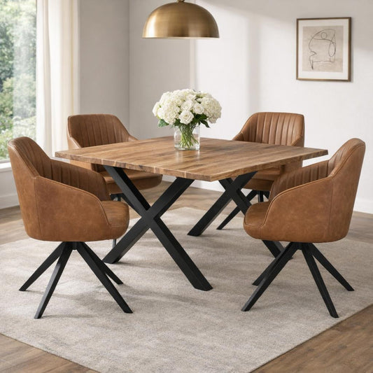 	Hill Interiors Uppsala tan fabric dining chair with metal frame, placed in a contemporary dining setting