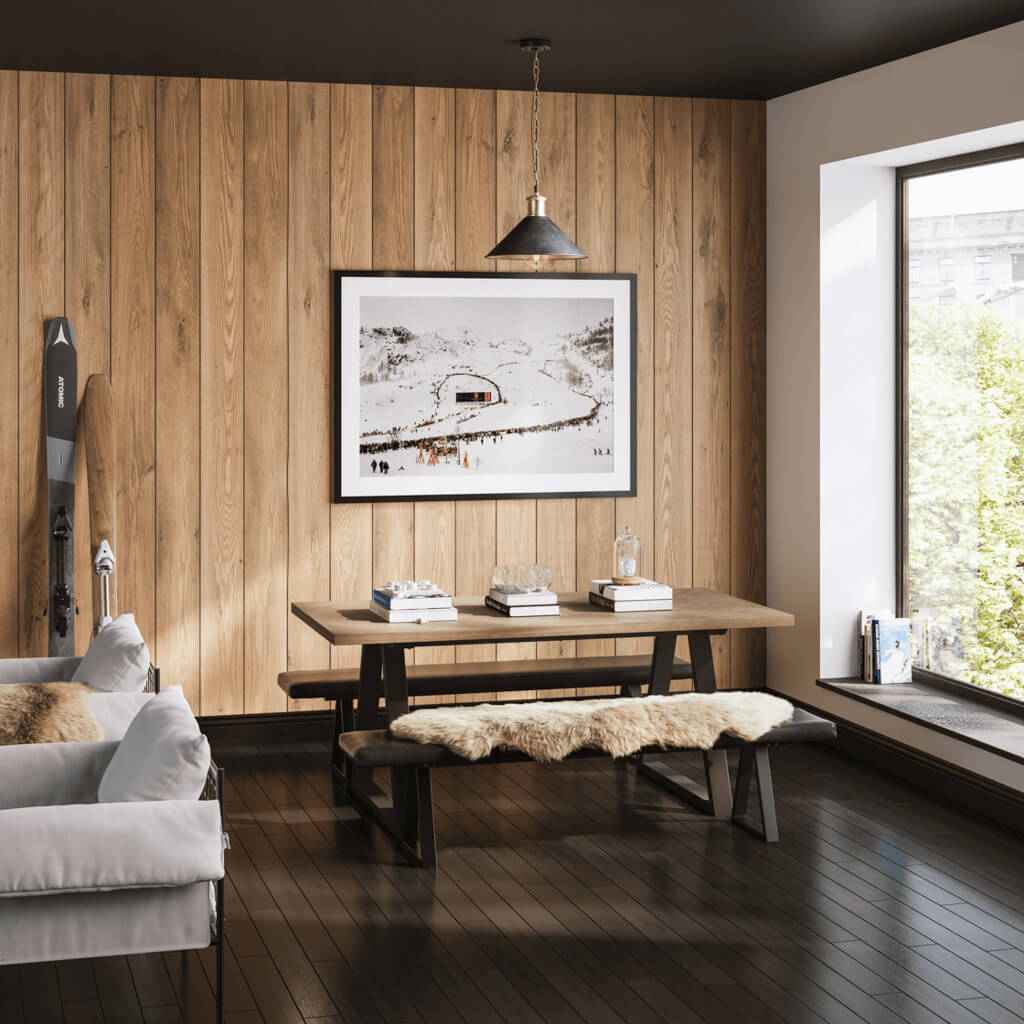 LPD Furniture Hyde natural wood herringbone dining table with black metal legs in a modern dining setting