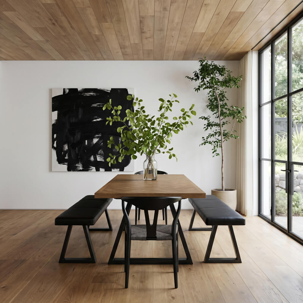 LPD Furniture Hyde whiskey wood herringbone dining table with black metal legs in a modern dining setting