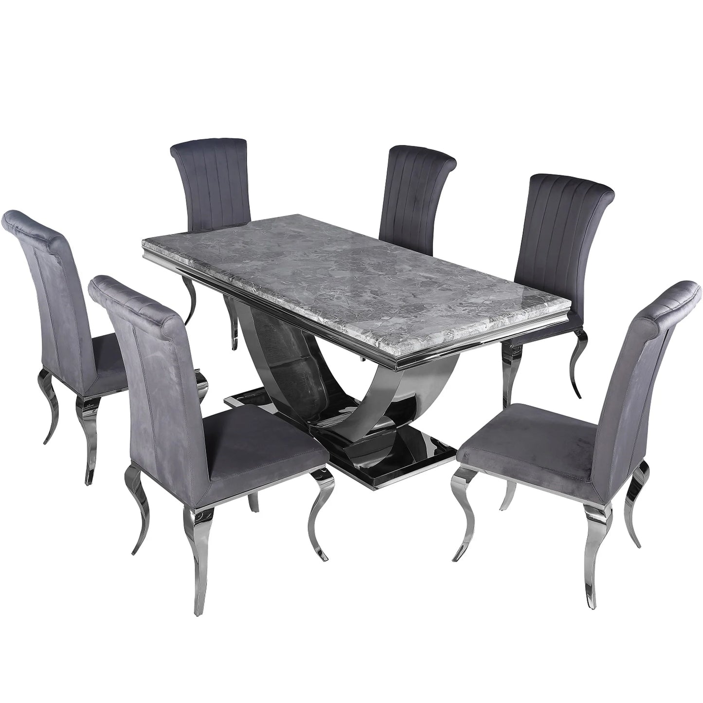 Furnish365 Arial 1.8m marble dining table with swooping stainless steel base in a contemporary dining room setting