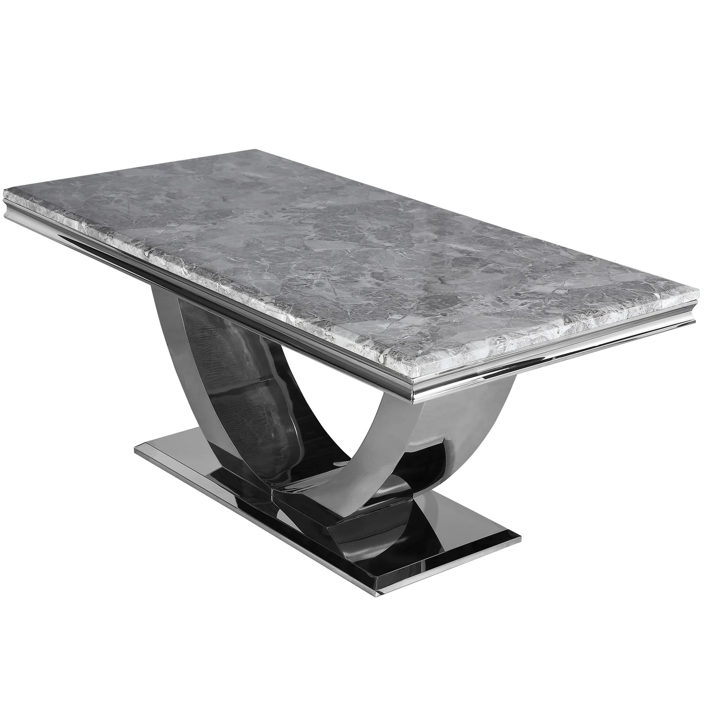 Furnish365 Arial 1.8m marble dining table with swooping stainless steel base in a contemporary dining room setting