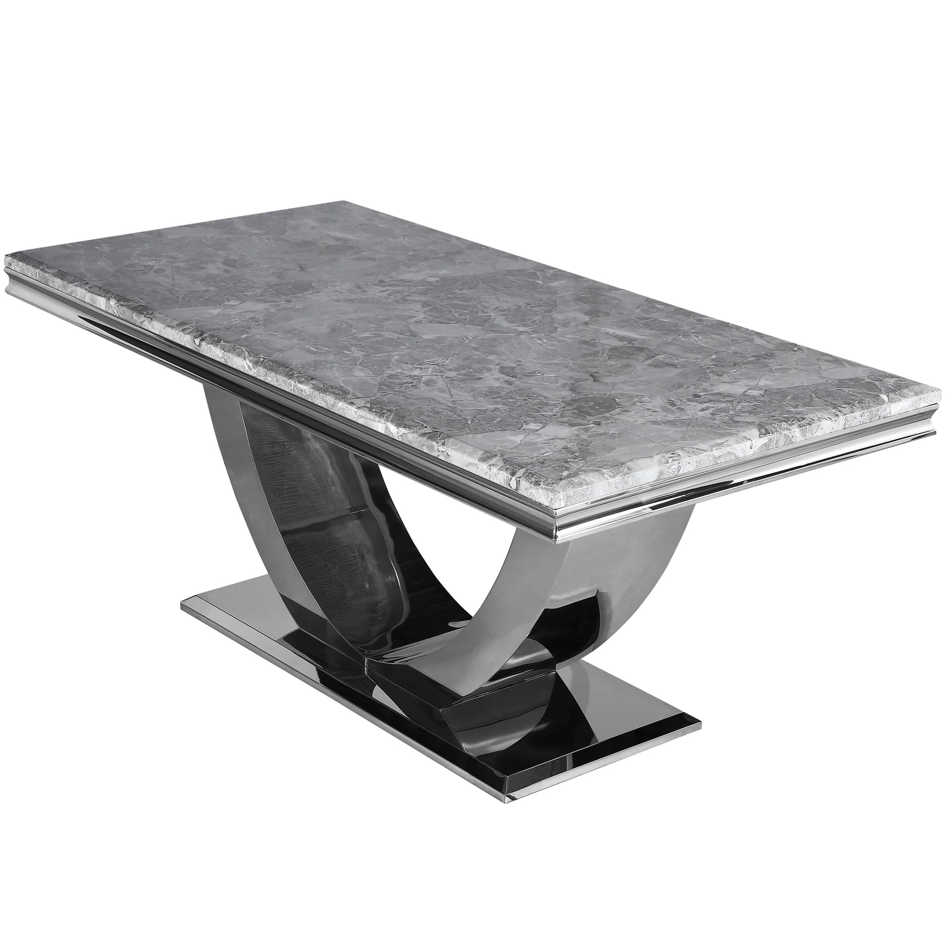 Furnish365 Arial 1.8m marble dining table with swooping stainless steel base in a contemporary dining room setting
