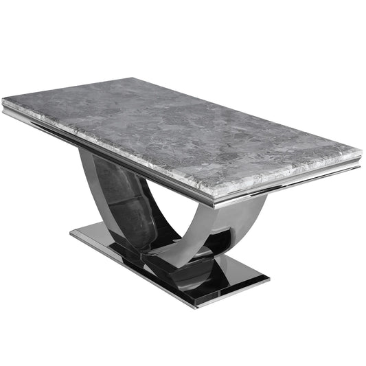 Furnish365 Arial 1.8m marble dining table with swooping stainless steel base in a contemporary dining room setting