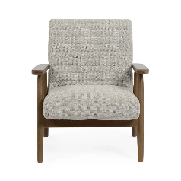 Ivy sand chenille tweed armchair in a modern living room or reading nook setting