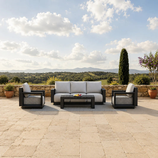 Furnish365 Ikos 5 seater outdoor lounge set with polyrattan wicker and aluminium frame in a modern garden setting