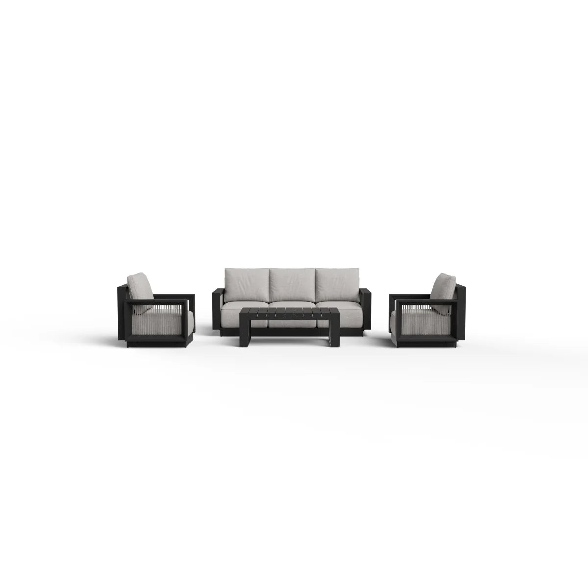 Furnish365 Ikos 5 seater outdoor lounge set with polyrattan wicker and aluminium frame in a modern garden setting