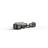 Furnish365 Ikos 5 seater outdoor lounge set with polyrattan wicker and aluminium frame in a modern garden setting