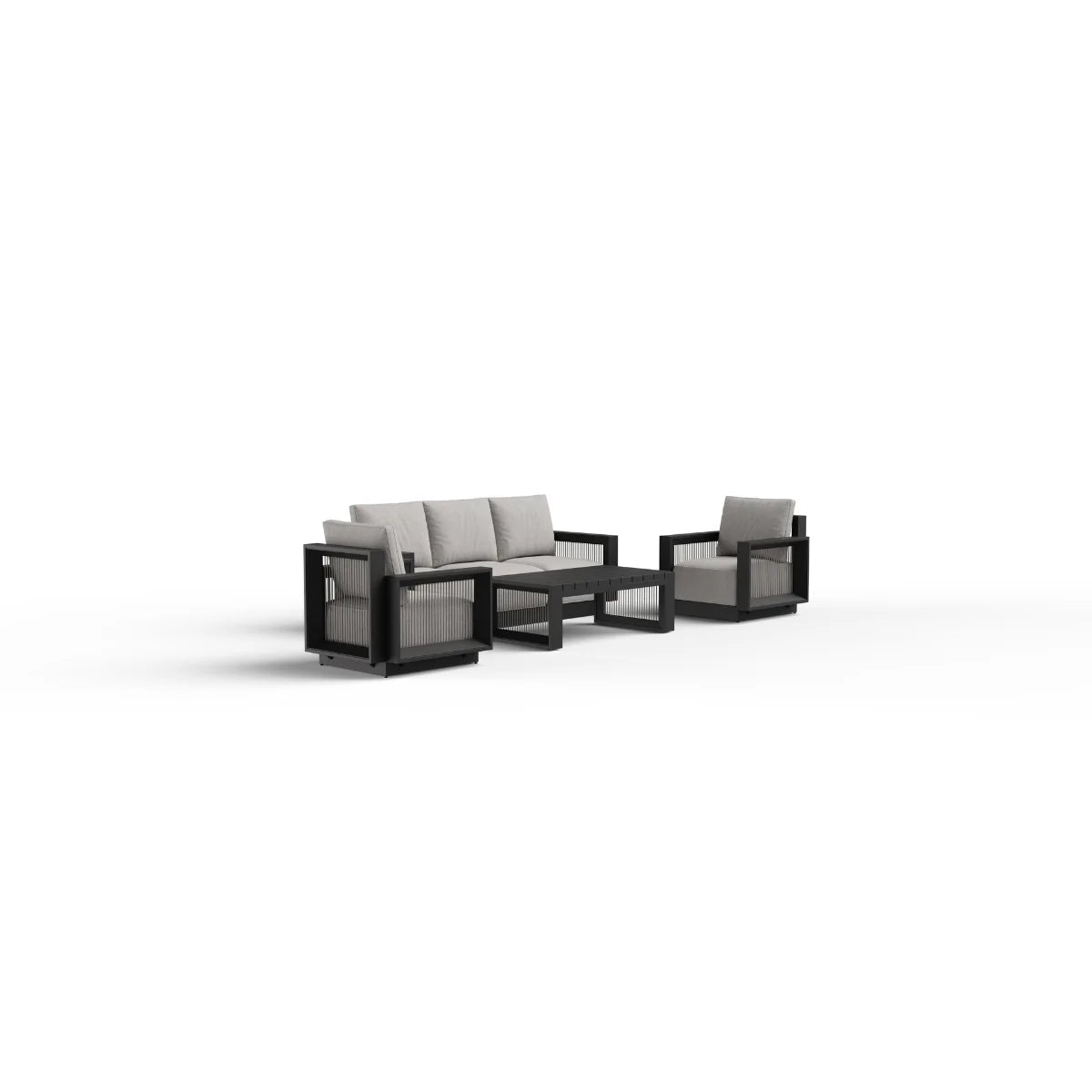 Furnish365 Ikos 5 seater outdoor lounge set with polyrattan wicker and aluminium frame in a modern garden setting