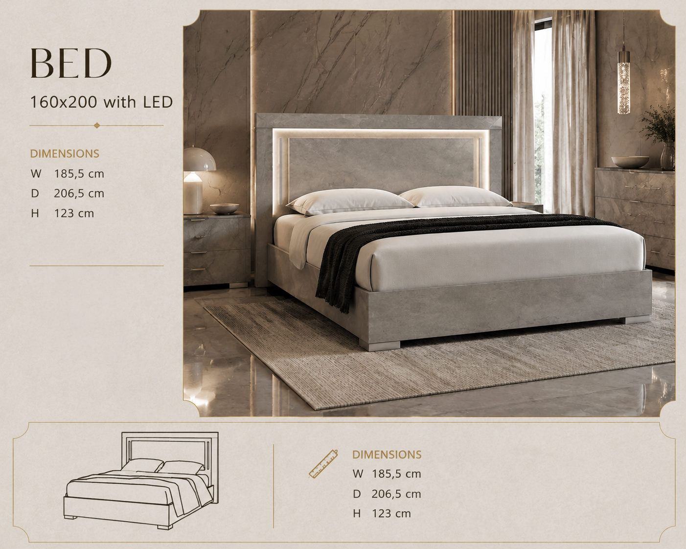 Italian design king bed – modern headboard with LED lighting for elegant bedrooms