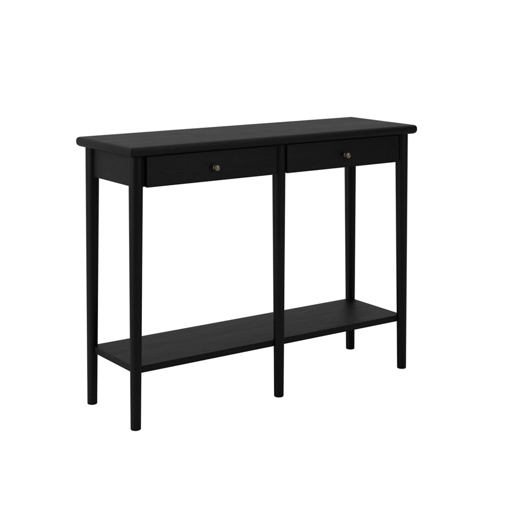 LPD Furniture Jackson matte black console table with antique brass handles in a modern hallway setting