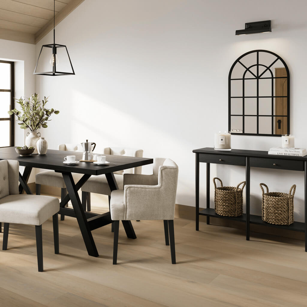LPD Furniture Jackson matte black console table with antique brass handles in a modern hallway setting