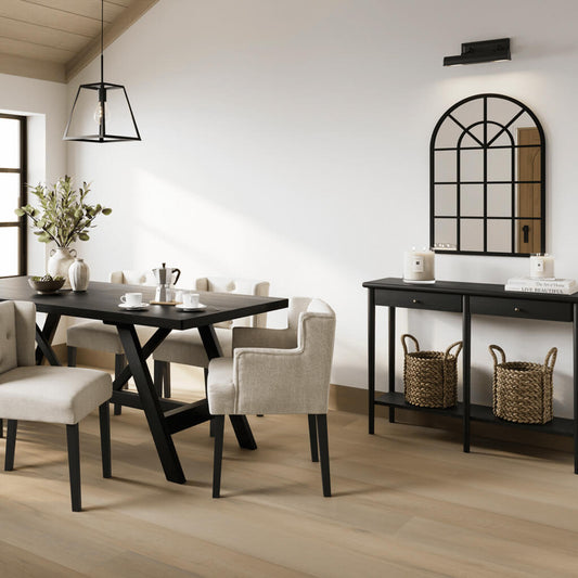 LPD Furniture Jackson matte black console table with antique brass handles in a modern hallway setting