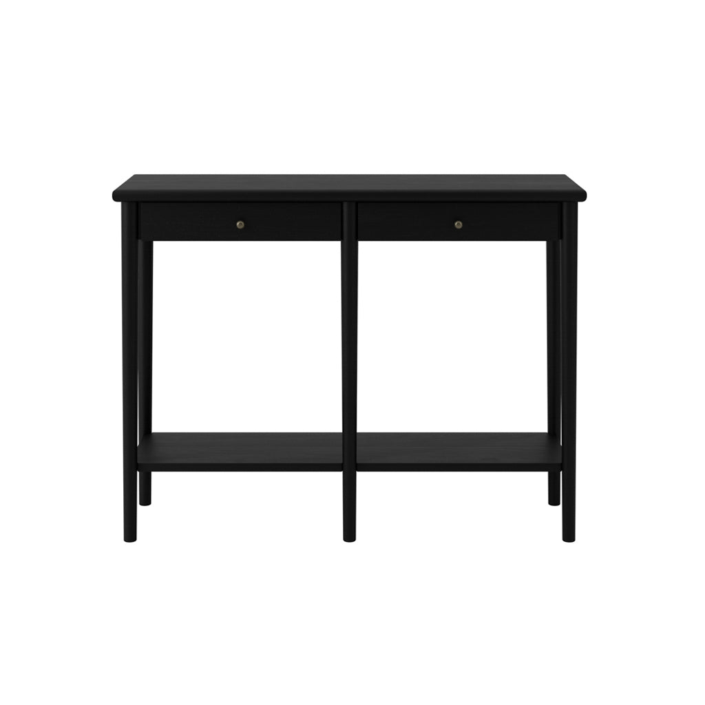 LPD Furniture Jackson matte black console table with antique brass handles in a modern hallway setting