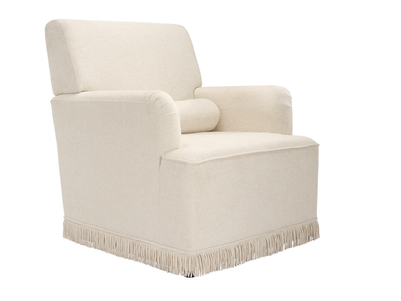 	LPD Furniture Josephine crema fabric armchair with fringe trim and bolster cushion in a classic living room setting