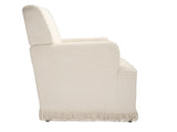 	LPD Furniture Josephine crema fabric armchair with fringe trim and bolster cushion in a classic living room setting