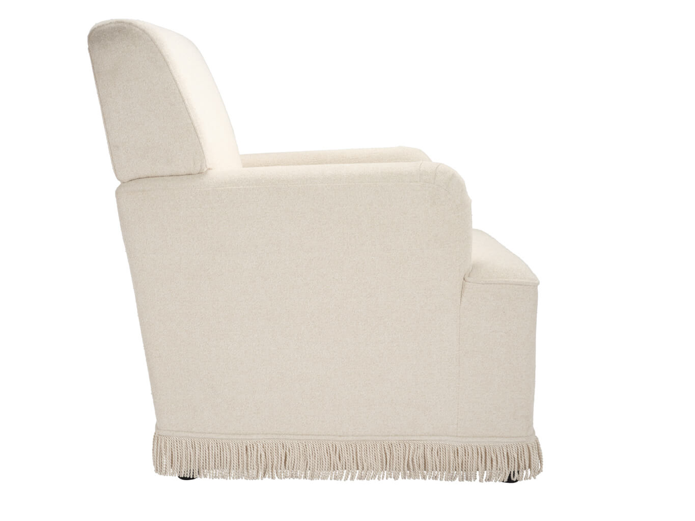 	LPD Furniture Josephine crema fabric armchair with fringe trim and bolster cushion in a classic living room setting