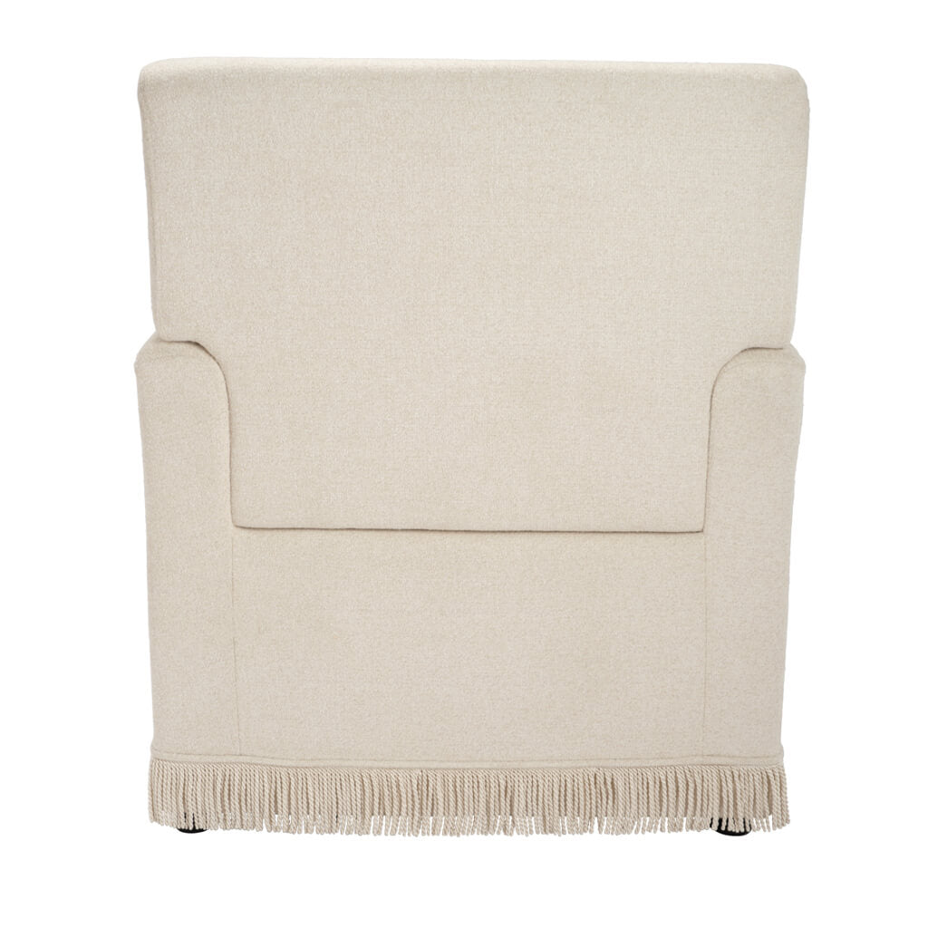 	LPD Furniture Josephine crema fabric armchair with fringe trim and bolster cushion in a classic living room setting