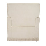 	LPD Furniture Josephine crema fabric armchair with fringe trim and bolster cushion in a classic living room setting