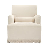 	LPD Furniture Josephine crema fabric armchair with fringe trim and bolster cushion in a classic living room setting