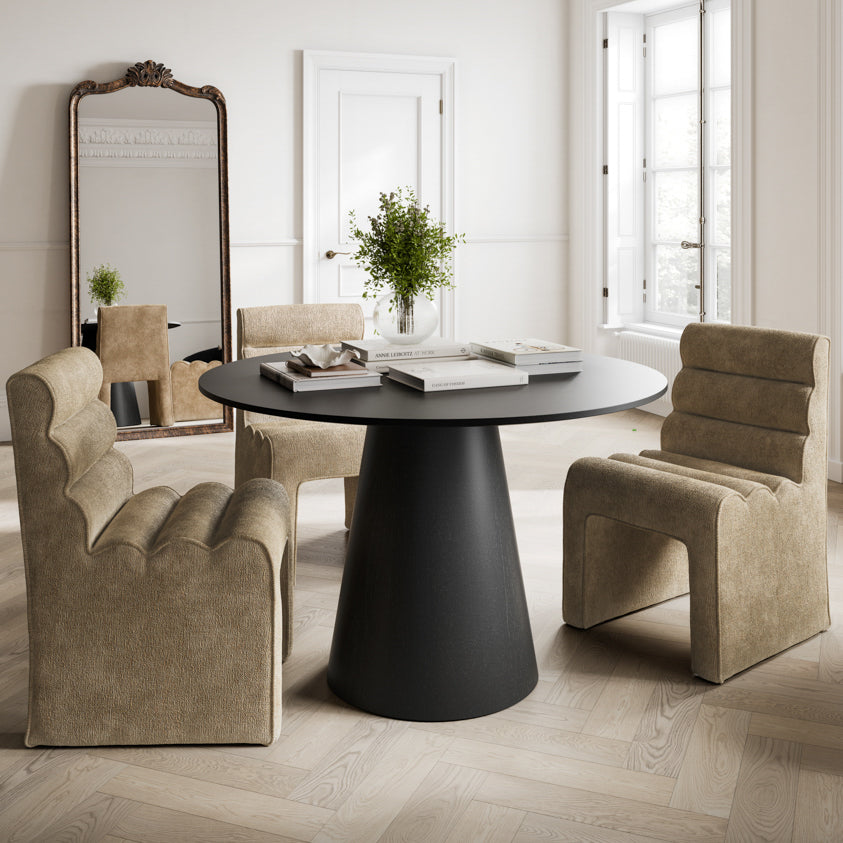 LPD Furniture Juno black round dining table in a modern dining setting